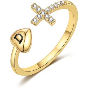 RLMOON Heart Initial Ring 14K Gold/Silver Plated CZ Cross Ring for Women Teen Girls Non Tarnish Gold Ring Adjustable Dainty Letter Ring Personalized Gold Jewelry Gift