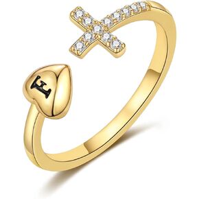 rlmoon القلب خاتم الأولي 14k الذهب / الفضة مطلي تشيكوسلوفاكيا الصليب الدائري للنساء في سن المراهقة الفتيات غير تشويه خاتم الذهب قابل للتعديل خاتم الرسالة لذيذ شخصية المجوهرات الذهبية هدية