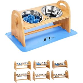 M1R4 Elevated Dog Bowls, Adjustable Raised Dog Food Bowl Stand, 2 Stainless Steel Bowls, Silicone Waterproof Mat, Suction Slow Feeder, Durable Bamboo Stand, for Small/Medium Dogs and Cats