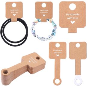 Teaaha 100 PCS Self Adhesive Bracelet Display Cards, Sturdy Kraft Handmade with Love Blank Cards, Strong Jewelry Packing Cards for Selling, Keychain, Earring, Hair Band Hanging Display (4“x1.5)
