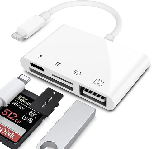 محول قارئ بطاقات Anytrox SD TF لأجهزة iPhone/iPad، محول أدوات توصيل كاميرا USB OTG 4 في 1 مع قارئ بطاقة SD TF ومحول شحن متوافق مع iPhone/iPad، يدعم أحدث iOS 16-أبيض in Kuwait