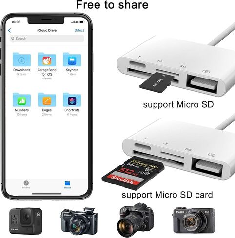 محول قارئ بطاقات Anytrox SD TF لأجهزة iPhone/iPad، محول أدوات توصيل كاميرا USB OTG 4 في 1 مع قارئ بطاقة SD TF ومحول شحن متوافق مع iPhone/iPad، يدعم أحدث iOS 16-أبيض in Kuwait