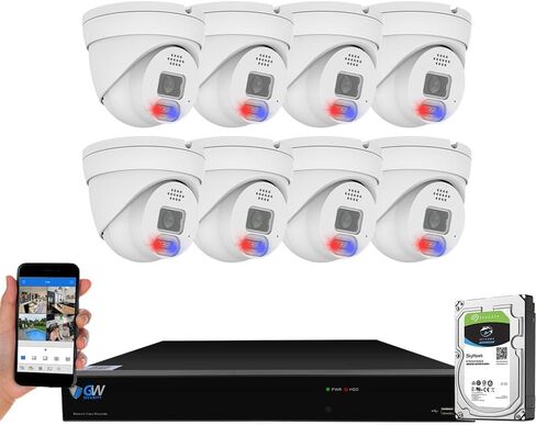 GW Security 8 قنوات 4K 12MP NVR H.265+ 8MP نظام كاميرا أمان للرؤية الليلية بالألوان الكاملة مع ثمانية مصابيح إنذار صوتية IP ثنائية الاتجاه بدقة 8 ميجابكسل PoE، كاميرات مراقبة على شكل قبة، كشف الإنسان والمركبات بالذكاء الاصطناعي in Kuwait