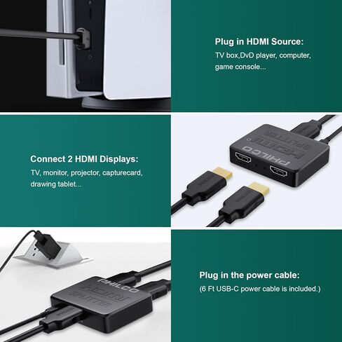 PHILCO HDMI Splitter 1 in 2 Out, 4K 1080P 3D Dual Monitor Mirror, Portable Amplifier with 4ft HDMI Cable - HDMI Splitter 1x2 for Immersive Viewing in Saudi Arabia