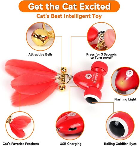 QICDRTF Automatic Interactive Cat Toy - Goldfish Design with LED Light, Feather, Bell, and Auto-Sleep Feature. Self-Moving for Indoor Play - Ideal for Kittens of All Breeds. in Saudi Arabia