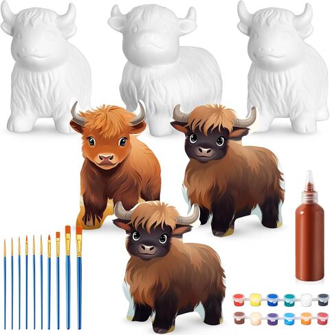 Barydat 6 Pcs DIY Ceramic Highland Cow Gnomes Statues Paint Your Own Ceramic Painting Kit Unpainted Kit Ready to Paint with Acrylic Paint Strips and Brush for Kids Classroom Craft Project in Saudi Arabia