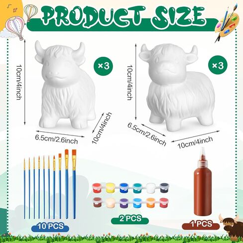 Barydat 6 Pcs DIY Ceramic Highland Cow Gnomes Statues Paint Your Own Ceramic Painting Kit Unpainted Kit Ready to Paint with Acrylic Paint Strips and Brush for Kids Classroom Craft Project in Saudi Arabia