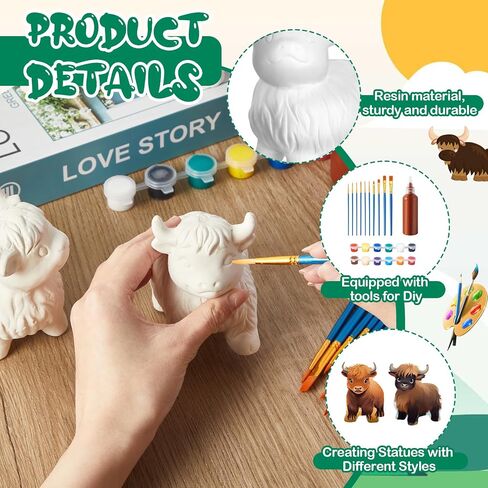 Barydat 6 Pcs DIY Ceramic Highland Cow Gnomes Statues Paint Your Own Ceramic Painting Kit Unpainted Kit Ready to Paint with Acrylic Paint Strips and Brush for Kids Classroom Craft Project in Saudi Arabia