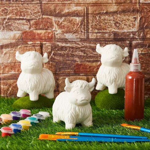 Barydat 6 Pcs DIY Ceramic Highland Cow Gnomes Statues Paint Your Own Ceramic Painting Kit Unpainted Kit Ready to Paint with Acrylic Paint Strips and Brush for Kids Classroom Craft Project in Saudi Arabia