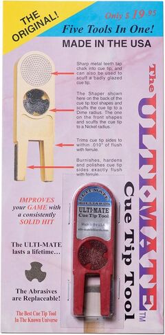 Ulti-Mate Pool Billiard Cue TIP Tool 5 in 1 Trimmer Burnisher Shaper Tapper Conditioner w/1 Set of Replacement Abrasives - Made in The USA in Saudi Arabia