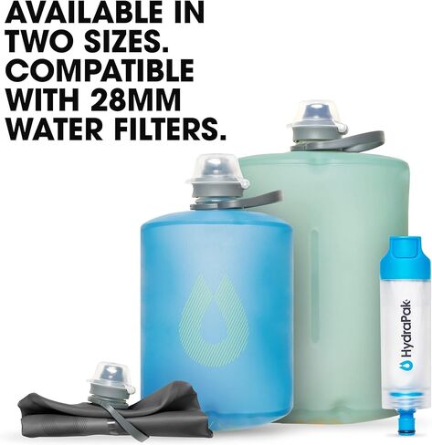 HydraPak Stow (1 لتر، 32 أونصة) - زجاجة مياه قابلة للطي - زجاجة سفر خفيفة الوزن وقابلة للتعبئة، قارورة مرنة للتزلج أو المشي لمسافات طويلة أو الدراجة أو التسلق - أخضر سوترو in Kuwait