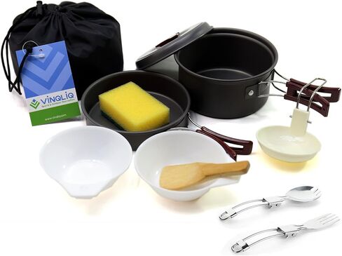 مجموعة أدوات الطبخ من VINQLIQ® للتخييم وإشعال النار، مجموعة معدات الطبخ للمطبخ، خفيفة الوزن، ومتينة، أوعية وعاء، معدات الظهر للاستخدام في الهواء الطلق، وحقائب الظهر، والمشي لمسافات طويلة، والنزهة (10 قطع) in Kuwait