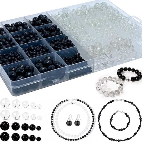 2140 قطعة من الخرز الزجاجي الأسود والشفاف من LLchunyun لصنع الأساور 4 مم 6 مم 8 مم خرز زجاجي أسود شفاف مستدير لصنع المجوهرات للفتيات مجموعة خرز أساور الصداقة in Kuwait