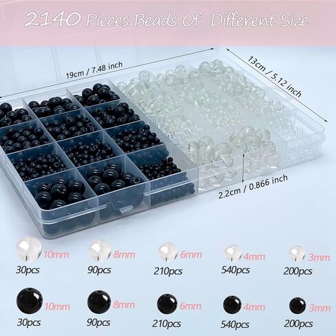2140 قطعة من الخرز الزجاجي الأسود والشفاف من LLchunyun لصنع الأساور 4 مم 6 مم 8 مم خرز زجاجي أسود شفاف مستدير لصنع المجوهرات للفتيات مجموعة خرز أساور الصداقة in Kuwait