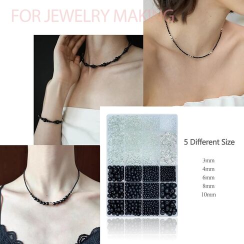 2140 قطعة من الخرز الزجاجي الأسود والشفاف من LLchunyun لصنع الأساور 4 مم 6 مم 8 مم خرز زجاجي أسود شفاف مستدير لصنع المجوهرات للفتيات مجموعة خرز أساور الصداقة in Kuwait