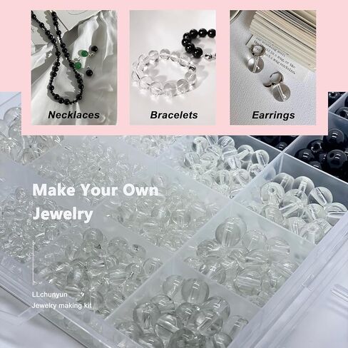 2140 قطعة من الخرز الزجاجي الأسود والشفاف من LLchunyun لصنع الأساور 4 مم 6 مم 8 مم خرز زجاجي أسود شفاف مستدير لصنع المجوهرات للفتيات مجموعة خرز أساور الصداقة in Kuwait