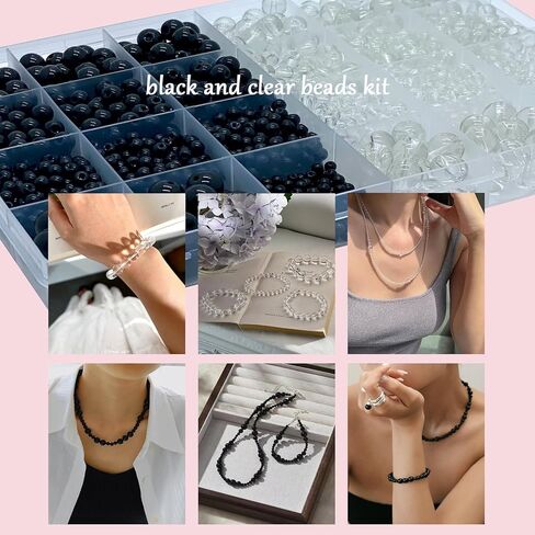 2140 قطعة من الخرز الزجاجي الأسود والشفاف من LLchunyun لصنع الأساور 4 مم 6 مم 8 مم خرز زجاجي أسود شفاف مستدير لصنع المجوهرات للفتيات مجموعة خرز أساور الصداقة in Kuwait