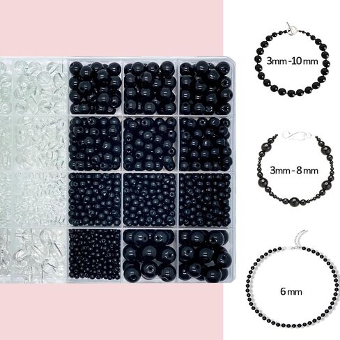 2140 قطعة من الخرز الزجاجي الأسود والشفاف من LLchunyun لصنع الأساور 4 مم 6 مم 8 مم خرز زجاجي أسود شفاف مستدير لصنع المجوهرات للفتيات مجموعة خرز أساور الصداقة in Kuwait