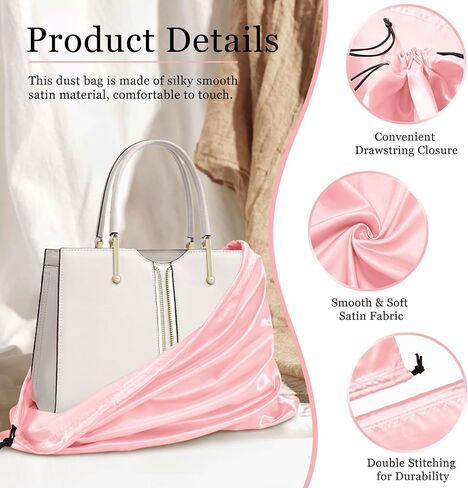P Pothuiny 2 قطعة من أكياس الغبار الساتان لحقائب اليد، حقائب برباط حريري وردي مقاوم للغبار، حقيبة تخزين كبيرة للسفر للمحافظ والأحذية (23.6 × 19.6 بوصة + 15.7 × 19.6 بوصة) in Kuwait