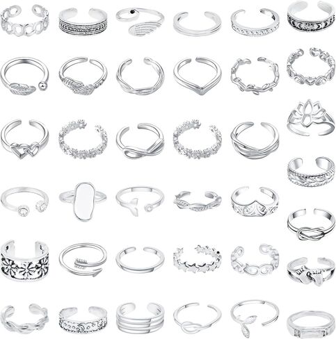 NEWITIN 36 قطعة قابل للتعديل خواتم اصبع القدم للنساء المفتوحة اصبع القدم خواتم قابل للتعديل الفرقة خواتم الفضة اصبع القدم إصبع الذيل الدائري الصيف الشاطئ مجوهرات القدم للنساء الفتيات in Kuwait