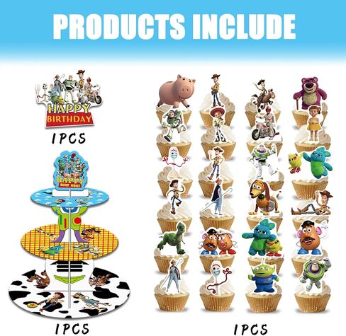 26PCS Toy Inspired Story Cupcake Stand with Cupcake Toppers,Toy Inspired Story Birthday Party Decoration for Kids Birthday Party Baby Shower Supplies Cake Cupcake Decoration in Kuwait