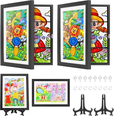 SelfTek 2 حزمة من إطارات الأعمال الفنية للأطفال قابلة للتغيير، إطار فني للأطفال مقاس 13 × 10 مع حامل، إطارات فتح أمامية لعرض الأعمال الفنية للأطفال وتخزينها تحمل 150 حرفة، لرسومات الأطفال والمشروعات الفنية، أسود in Kuwait