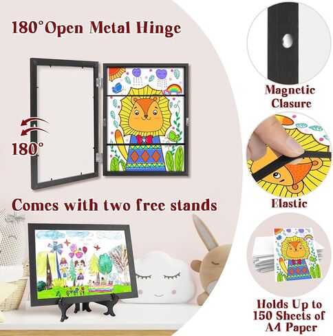 SelfTek 2 حزمة من إطارات الأعمال الفنية للأطفال قابلة للتغيير، إطار فني للأطفال مقاس 13 × 10 مع حامل، إطارات فتح أمامية لعرض الأعمال الفنية للأطفال وتخزينها تحمل 150 حرفة، لرسومات الأطفال والمشروعات الفنية، أسود in Kuwait