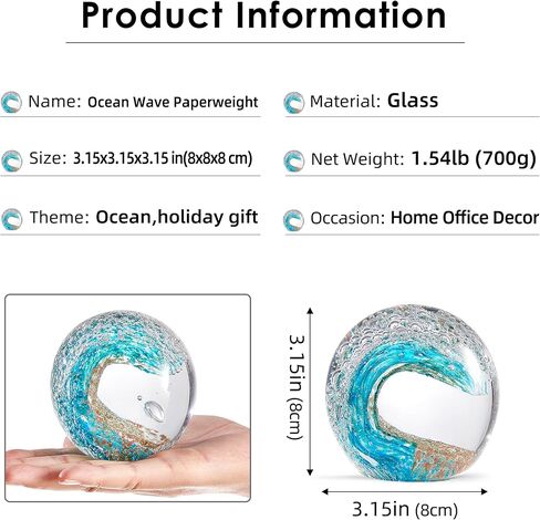 EUSTUMA منحوتة أمواج المحيط من الزجاج المنفوخ يدويًا، ثقالة الورق، ديكور المنزل، ديكور حوض السمك، آرت ديكو in Kuwait