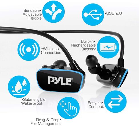 مشغل MP3 مقاوم للماء من Pyle - V2 Flextreme Sports يمكن ارتداؤها، مشغل موسيقى 8 جيجا بايت تحت الماء للسباحة والركض وصالة الألعاب الرياضية، سماعات رأس مرنة قابلة لإعادة الشحن، اتصال USB9 -PSWP14BK in Saudi Arabia