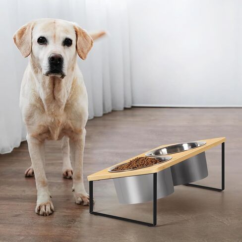 أوعية مرتفعة للكلاب الكبيرة بزاوية 10 درجات مائلة لطعام الكلاب مع وعاءين من الفولاذ المقاوم للصدأ، مجموعة أطباق طعام الحيوانات الأليفة والماء للاستخدام الداخلي والخارجي، باللون الأسود in Kuwait