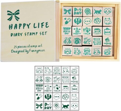 طوابع مطاطية خشبية، مجموعة طوابع Youkwer 25 قطعة صغيرة لطيفة يمكنك صنعها بنفسك مع صندوق خشبي (حياة سعيدة، مجموعة من 25) in Kuwait