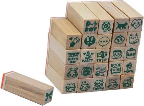 طوابع مطاطية خشبية، مجموعة طوابع Youkwer 25 قطعة صغيرة لطيفة يمكنك صنعها بنفسك مع صندوق خشبي (حياة سعيدة، مجموعة من 25) in Kuwait