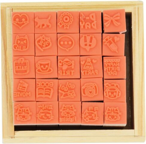 طوابع مطاطية خشبية، مجموعة طوابع Youkwer 25 قطعة صغيرة لطيفة يمكنك صنعها بنفسك مع صندوق خشبي (حياة سعيدة، مجموعة من 25) in Kuwait