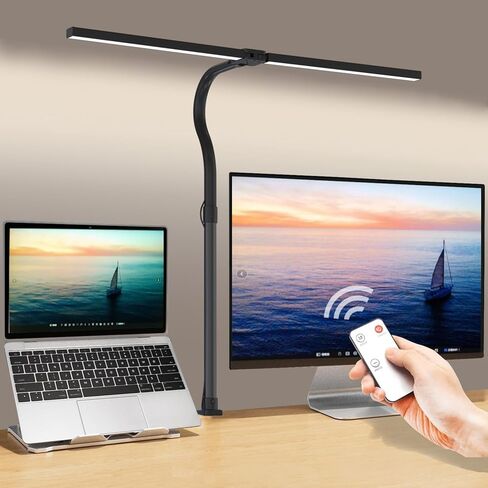 مصابيح مكتب LED ELITUN للمكتب المنزلي، مصباح مكتب مزدوج الرأس 24 وات للعناية بالعين مع مشبك، 5 ألوان 5 سطوع، ضوء طاولة معقوفة 360 درجة مع جهاز تحكم عن بعد للعمل والدراسة والقراءة والمسودة in Kuwait