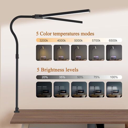 مصابيح مكتب LED ELITUN للمكتب المنزلي، مصباح مكتب مزدوج الرأس 24 وات للعناية بالعين مع مشبك، 5 ألوان 5 سطوع، ضوء طاولة معقوفة 360 درجة مع جهاز تحكم عن بعد للعمل والدراسة والقراءة والمسودة in Kuwait