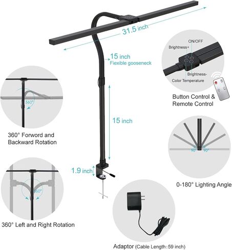 مصابيح مكتب LED ELITUN للمكتب المنزلي، مصباح مكتب مزدوج الرأس 24 وات للعناية بالعين مع مشبك، 5 ألوان 5 سطوع، ضوء طاولة معقوفة 360 درجة مع جهاز تحكم عن بعد للعمل والدراسة والقراءة والمسودة in Kuwait