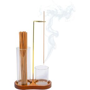 Modern 2-in-1 Incense Holder with Glass Ash Catcher, Featuring a Wood Tray, Metal Rod & 2 Glass Cups for Organized Burning. Perfect for a Clean Desk, Zen Meditation, Yoga and Home Decor in Saudi Arabia