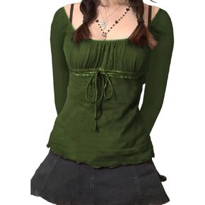 Y2K Mesh Top Women Long Sleeve Shirts Scoop Neck Ruffle Hem Babydoll Blouse in Saudi Arabia