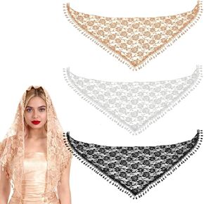 3 Pack Mass Veil for Women, 55x19In Mantilla Catholic Veil Triangle Lace Tulle Scarf Floral Head Wrap Church Headband for Bridal Bridesmaid Weeding Party, 3Colors in Kuwait