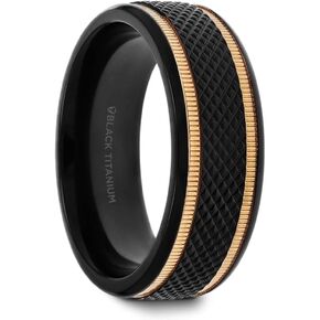 Mens Black Titanium Diamond Pattern Gold Milgrain Grooves Wedding Ring - Brushed Finish Comfort Fit - 8mm Wide - Style name: BAROQUE in Saudi Arabia