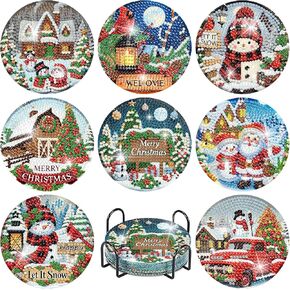 tigdtiu 8Pcs Diamond Art Coasters with Holder,DIY Christmas Life Coaster Diamond Painting Kits for Adults, Snowman Beginners Round Full Drill Diamond Art Craft Supplies in Kuwait