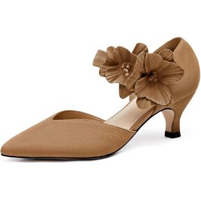 Coutgo Womens Low Kitten Heels Closed Pointed Toe Flower Ankle Strap Slip on Pumps Elegant Party Wedding Dress Shoes in Saudi Arabia