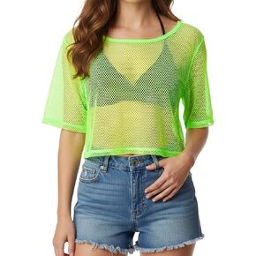 Neon Fishnet Tops, 80s 90s Neon Shirts for Women, Casual Sexy Mesh Off Shoulder T-Shirt Suitable for Masquerade Disco Party in Saudi Arabia