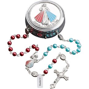 HanlinCC Divine Mercy Glass Pearl and Hematite Beads Catholic Rosary Necklace with Steel Gift Box for Men and Women in Saudi Arabia