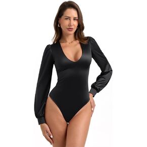 PINKMSTYLE Womens Sexy Satin Silk Plunge V Neck Puff Long Sleeve Bodysuit Going Out Outfit in Kuwait