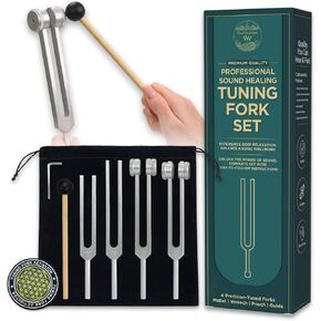 مجموعة الشوك الرنانة للشفاء | 128 هرتز، 136 هرتز، 256 هرتز، 384 هرتز | أدوات معالجة صوتية دقيقة لموازنة الشاكرا والتأمل والعلاج بالنغمة | 4 شوكات ضبط، ومطرقة عاكسة، ومنشط، وحقيبة in Kuwait