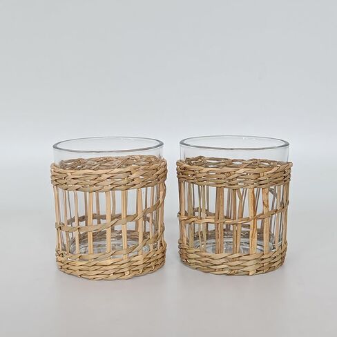 Glass Hurricane Candle Holders with Cane Wrap, Set of 2, 3.2" H x 2.7" Dia, Clear and Natural, Coastal Decor in Saudi Arabia