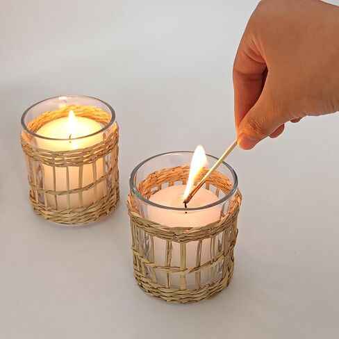 Glass Hurricane Candle Holders with Cane Wrap, Set of 2, 3.2" H x 2.7" Dia, Clear and Natural, Coastal Decor in Saudi Arabia