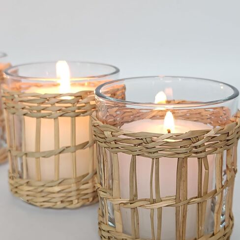 Glass Hurricane Candle Holders with Cane Wrap, Set of 2, 3.2" H x 2.7" Dia, Clear and Natural, Coastal Decor in Saudi Arabia