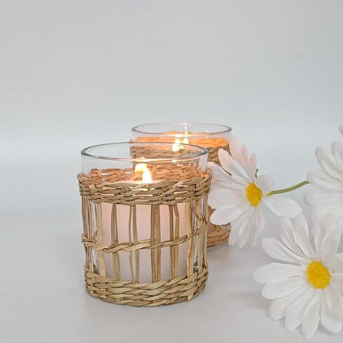 Glass Hurricane Candle Holders with Cane Wrap, Set of 2, 3.2" H x 2.7" Dia, Clear and Natural, Coastal Decor in Saudi Arabia